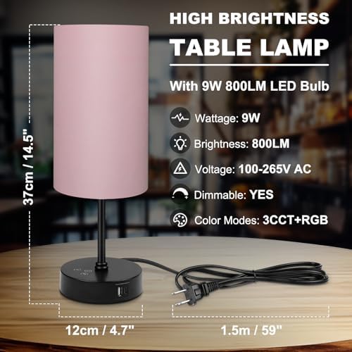 Unicozin Table Lamp for Bedroom, 3 Color Temperatures, 7 RGB Colors, Adjustable Brightness, Dual USB Charging Ports, Ambience Nightstand Light with Pink Shade, Desk Lamp for Kids Reading Home Office - Image 7