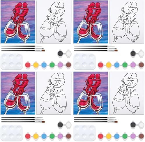 VOCHIC Couple Canvas Painting Kit Pre Drawn Canvas for Painting for Adult Party Kit Paint and Sip Party Supplies Wine Glasses Paint Art Set 8x10 inch Valentine (Pack of 4) by VOCHIC