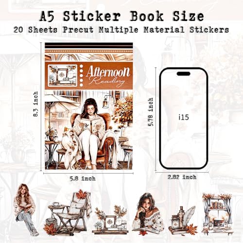 Afternoon Reading Sticker Book for Adults Journaling, 20 Diecut PET Washi Paper Scrapbook Stickers Sheets, Ephemera for Junk Journals Supplies, Scrapbooking, Collage, Bujo, A5 - Image 5