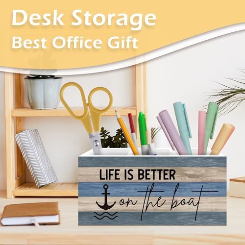 Boat Captain Owner Gifts Pen Pencil Holder, Boating Gifts for Women Men, Beach Desk Accessories, Life Is Better on the Boat Wooden Pen Pencil Organizer for Lake House Desk Decor - Image 2