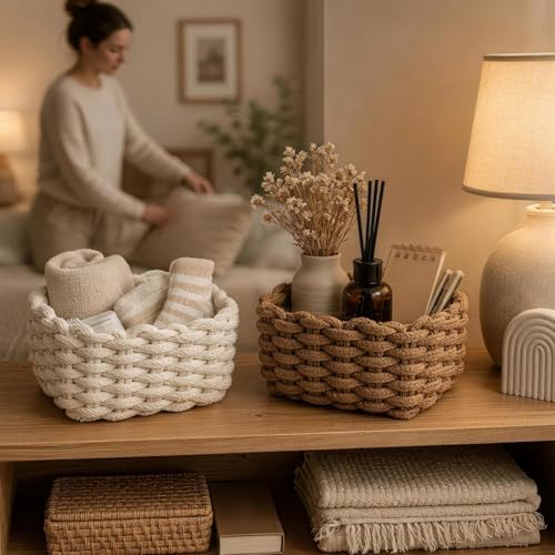 Woven Baskets 2 Pcs White and Brown, Small Storage Basket & Basket Organizer, Decorative Basket for Home, Countertop Cosmetics Toys Wardrobe Living Room Bedroom Desktop Storage and Decoration - Image 7