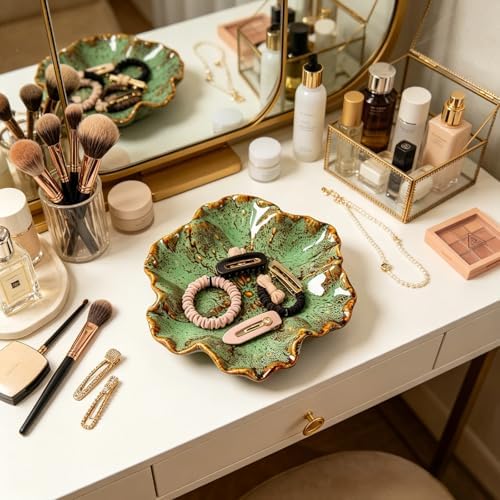 Flower Shaped Ceramic Jewelry Tray, Decorative Trinket Dish for Rings Earrings Necklaces, 5 Inch Ceramic Catchall Tray for Vanity Bathroom, Gift for Women (Green) - Image 2