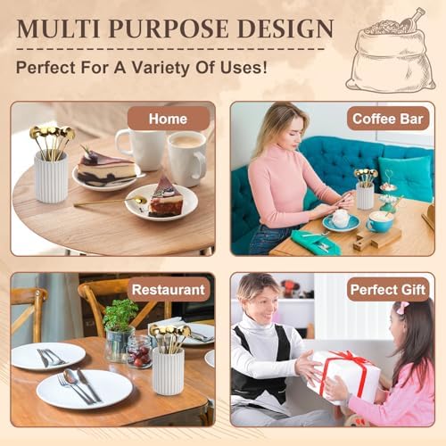 6 Pcs 6.7 Inches Gold Coffee Spoons with Stoneware Striped Utensil Holder Tea Spoons Long Handle Coffee Stirrer Spoon Set for Coffee Bar Tea Party - Image 4