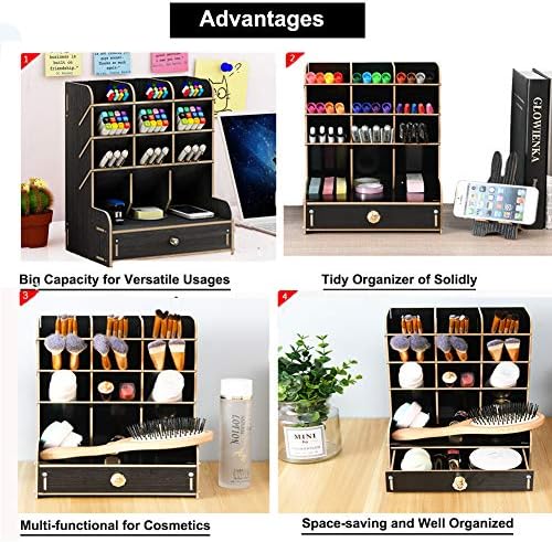 Marbrasse Wooden Desk Organizer, Multi-Functional DIY Pen Holder, Organizer for desk, Desktop Stationary, Easy Assembly, Home Office Art Supplies Storage with Drawer (B11-Black) - Image 6