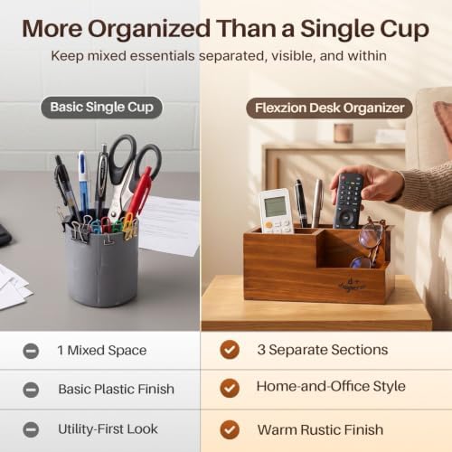 Flexzion Wood Pencil Holder for Desk, Tiered 3-Slot Remote Caddy Organizer - Image 7