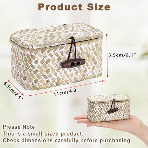 Hipiwe Wicker Shelf Basket Box with Lid Decorative Basket Handwoven Seagrass Storage Organizer Basket Decorative Basket, Whitewas 4.3" x 2.5" x 2.1" - Image 3