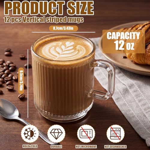12 Pack Glass Coffee Mugs with Handles, 12 Ounces Glass Breakfast Mugs Bulk, Clear Tea Cups for Hot/cold Drinks, Glassware Set for Americano, Latte, Cappuccino (Classic) - Image 2