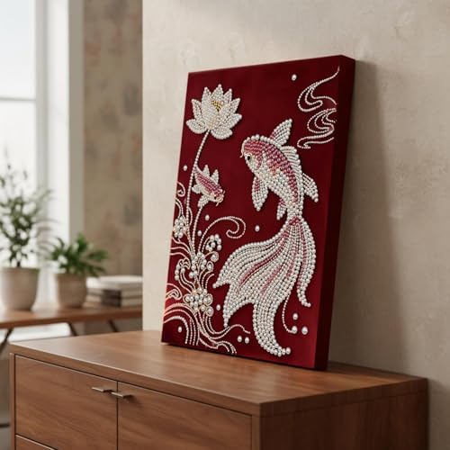 DIY Pearl Painting with Frame, Creative Design, Handmade Stress-Relieving Home Wall Decoration, Includes Frame and Tools-Koi - Image 4