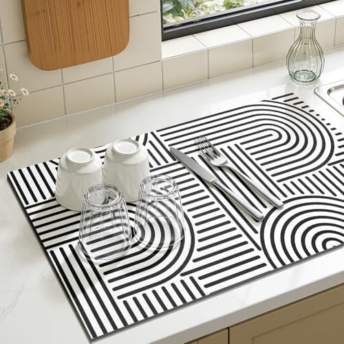 Findosom Geometric Dish Drying Mat, 12" x 20" Absorbent Coffee Mat, Black - Image 4