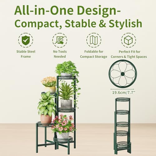 5-Tier Metal Plant Stand Indoor Outdoor, Corner Tall Plant Shelf for Multiple Plants, Foldable Plant Stand, Heavy Duty Flower Stand Holder for House Living Room Balcony Garden Patio -GreenFlower - Image 5