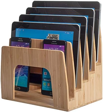 MobileVision Bamboo Multi Device Inclined Organizer for Smartphones, Tablets and Laptops, Upright Sections, Step Sorter, 5 Slots by MobileVision