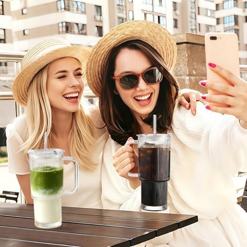 Iced Coffee Cups with Lids 2Pcs: Ribbed Glass Tumbler with Straw and Lid 24oz - Coffee Bar Accessories - Glass Cups and Tumblers with Lids and Straws - Tumbler Leak Proof - Coffee Tumbler with Handle - Image 6