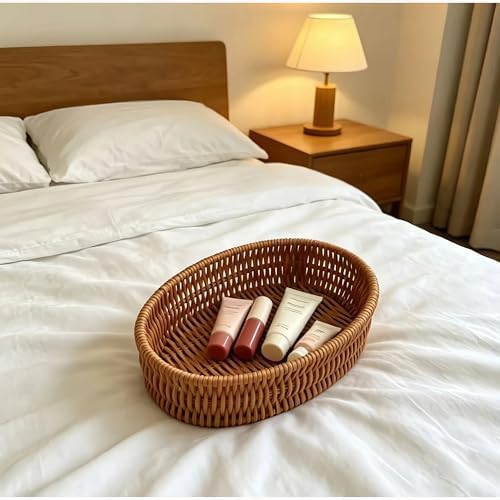 Handwoven Rattan Oval Basket, Multi-Purpose Storage Basket for Kitchen Countertop, Small Item Basket, Decorative Organizer for Snacks, Toiletries(1PC,Brown, Small) - Image 6
