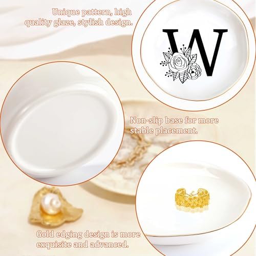 JoycuFF Initial W Ceramic Jewelry Tray, Bridesmaid Bride Gifts, Mothers Day Christmas Anniversary Engagement Birthday Gifts for Women Couples, Trinket Dish for Rings Earrings Necklaces Bracelets Keys - Image 5