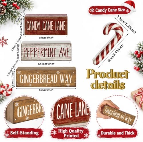 Moucuny 4 Pcs Christmas Table Decor Candy Cane Lane Sign, Wood Block Set - Image 3