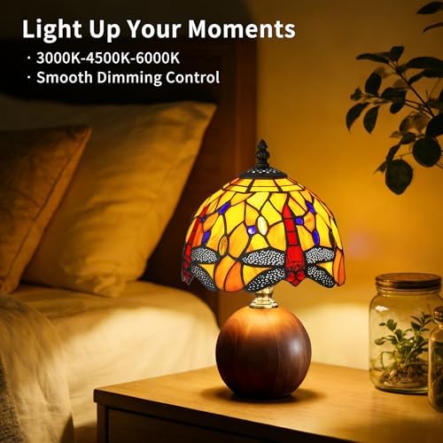 12.2" Retro Dragonfly Tiffany Small Table Lamp with Wood Base - Image 4