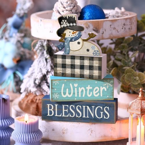 Moucuny 4 Pcs Winter Snowman Wooden Signs Farmhouse Tiered Tray Decor - Image 3