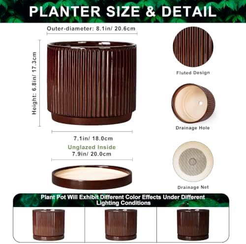 8 Inch Ceramic Flower Pots, Round Planter with Saucer, Brown - Image 2
