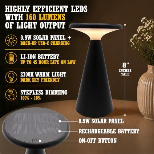 Solar Mushroom Lamp, Stepless Dimming, 45h Runtime, Black - Image 3