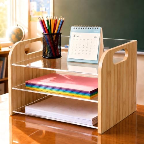 Marsui 3 Tier Desk Paper Organizer, Bamboo & Acrylic Letter Trays Classroom - Image 2