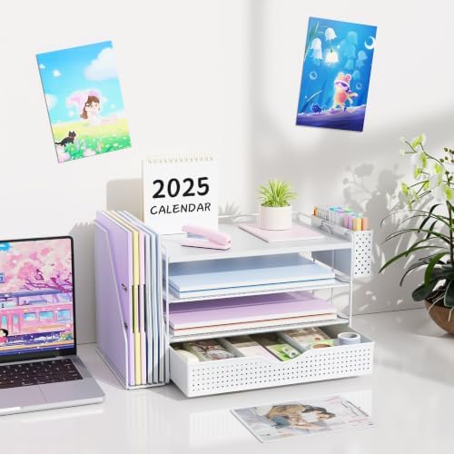 gianotter Wood Desk Organizers and Accessories with File Holder, 4-Tier Desk Accessories & Workspace Organizers with Drawer and Pen Holder, Desk Reference Organizer (White, 4T with Drawer) - Image 7