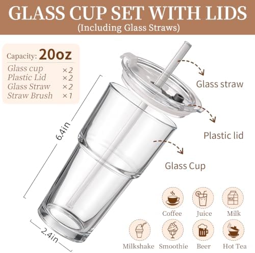 Iced Coffee Cups with Lids 2Pcs: Coffee Bar Accessories - Glass Tumbler with Straw and Lid 20oz - Vintage Glass Cups with Lids and Straws - Tumbler Leak Proof Aesthetic Drinkware for To Go Iced Coffee - Image 2