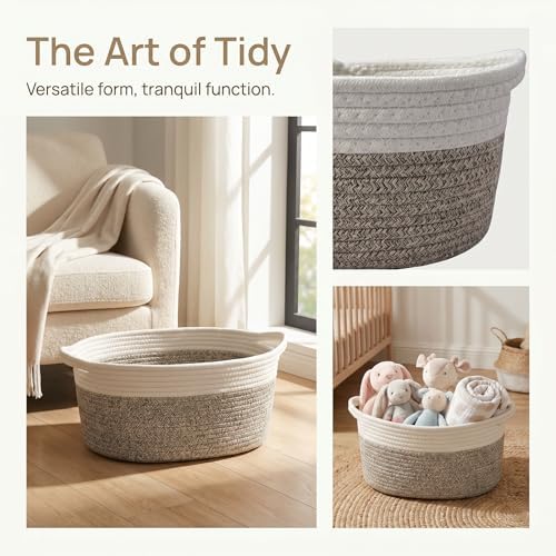 Small Cotton Rope Basket - White Woven Storage Basket with Handles, Desktop Organizer for Keys, Remotes, Makeup, Soft Decorative Bin for Bathroom, Office Shelf (White/Hemp Brown) - Image 2