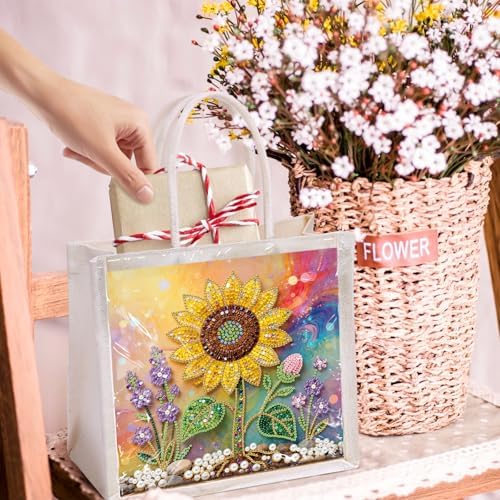 Xylzzuit DIY Pearl Painting Canvas Tote Bag Kit 11.42IN Diamond Art Handbag for Women Shopping Grocery Bag Dots Beads Art Craft Gift (Sunflower) - Image 2