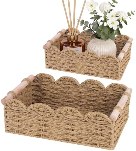 iEGrow Paper Rope Small Storage Baskets for Organizing, Set of 2 Scalloped Edge Wicker Basket with Wooden Handles Toilet Paper Basket for Over Toilet Storage Shelf, Home Decor, Living Room (Neutral) by iEGrow