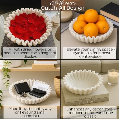 SWADESHI BLESSINGS Handcrafted Large Marble Ruffle Bowl for Home Decor, 12" - Image 4