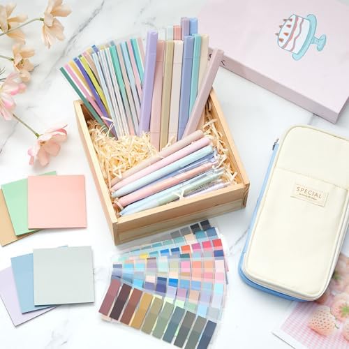 135 Pcs Book Annotation Kit with Pencil Case, 12 Pastel Highlighters, 11 Gel Pens, Fine Marker, 300 Transparent Sticky Notes, 2640 Index Tabs, Bible Study Supplies Kit(Classic,Light Blue) - Image 2