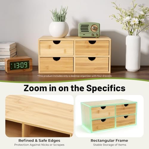 Gdrasuya10 Bamboo Desk Organizer, Drawer Tabletop Storage Organization Box for Office Home Toiletries Supplies, No Assembly Required (4 Drawer) - Image 7