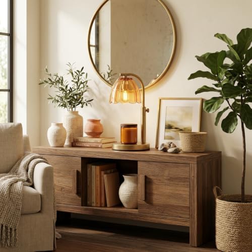 Scalloped Glass Candle Warmer Lamp with Timer (2H/4H/8H) - Dimmable & Adjustable Height - Wax Melter for Large & Small Jar Candles - 2 Bulbs - Gold Metal - Flameless Home Decor Gift for Women (Amber) - Image 2