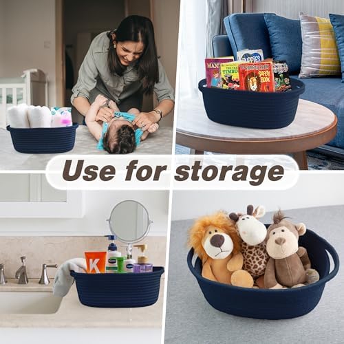 Pro Goleem Small Woven Basket with Gift Bags and Ribbons Durable Baskets for Gifts Empty Small Rope Basket for Storage 12"X 8" X 5" Baby Toy Baskets with Handles, Navy Blue - Image 5