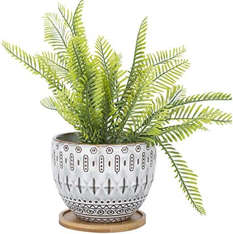 VanEnjoy 5.5 inch Large Round Bohemian Style Ceramic Planter, Geometry Engrave Off White Brown Succulent Planter Flower Pot, Indoor Outdoor Decorative Planter by VanEnjoy