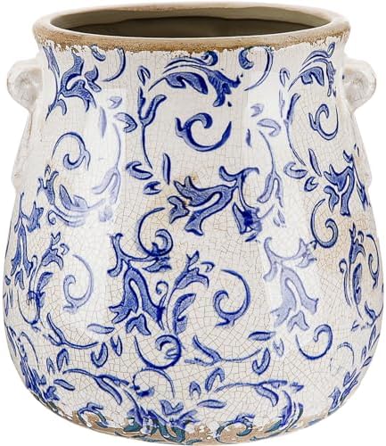 Ceramic Scroll Planter 6.5 Inch, Blue Floral by Unknown