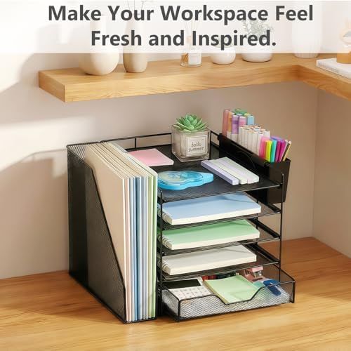 5-Tier Desk File Organizer with Drawer & Pen Holder (Black) - Image 7