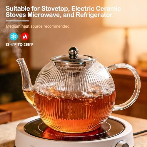50OZ/1500ml Ribbed Borosilicate Glass Teapot with Removable Stainless Steel Infuser & Lid, Stovetop Safe Vertical Striped Clear Tea Kettle for Loose Leaf & Blooming Tea - Image 4