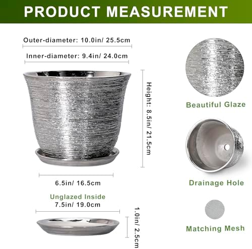10 Inch Plant Pot, Ceramic Planter with Drainage Hole, Silver - Image 2