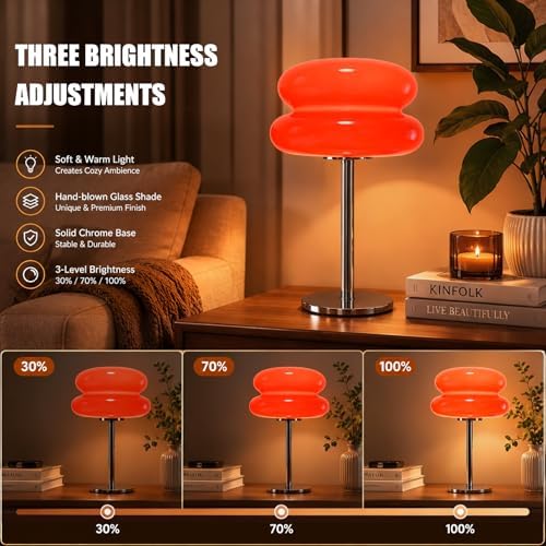 Bedroom Mushroom lamp, Medieval Modern Bedside Table lamp, dimmable Retro Egg Tart Headlight, Unique Home Mushroom Decoration Aesthetic Lovely Living Room Desk lamp (Red) - Image 5