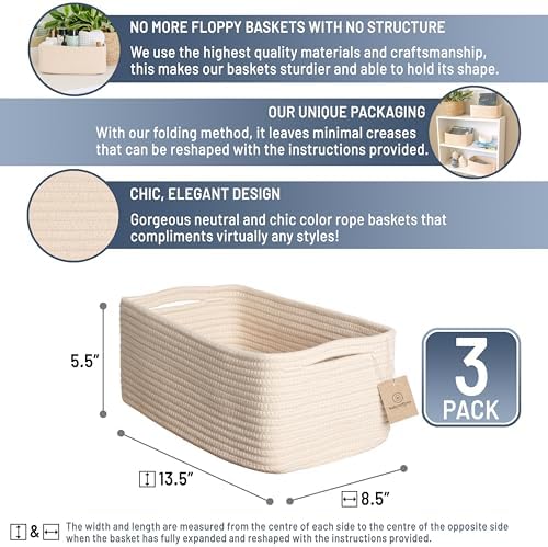 NaturalCozy 13.5”x8.5”x5.5” Storage Baskets for Shelves 3 Pack | Cotton Rope Woven Small Baskets for Organizing | Small Storage Bins for Nursery, Bathroom, Closet, Cube Shelf, Decorative, Gift - Image 2