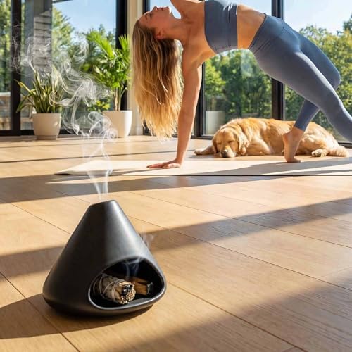 Ceramic Palo Santo Holder Incense Burner with Chimney, Black - Image 4