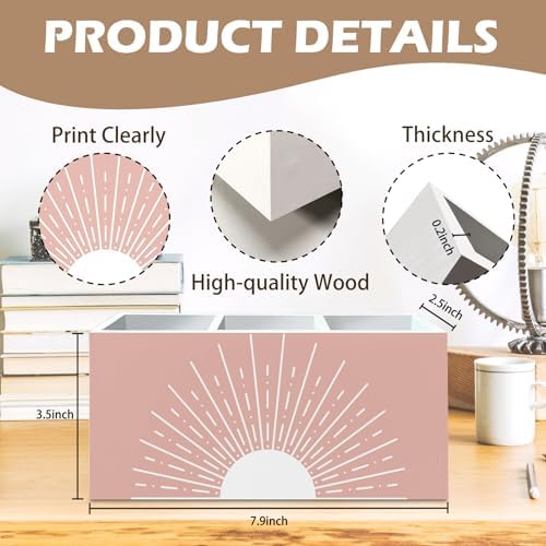 DILSJ Pink Boho Abstract Sunshine Pen Pencil Holder Organizer for Desk, Boho Office Decor, Pink Mid Century Modern Minimalist Sun Sunshine Wooden Box Signs for Home Office Desk Tabletop Decoration - Image 7
