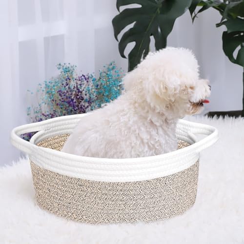 ABenkle Small Basket with Handles, Boho Decorative Rope Woven Dog Cat Toy Storage Bin Shelf Storage Organizer, Easter Christmas Gift Basket, 12"x8"x5", Mixed Brown - Image 3