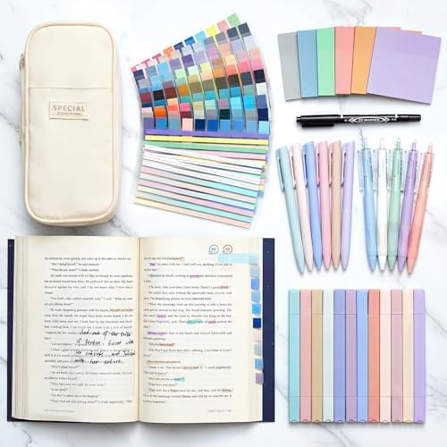 135 Pcs Book Annotation Kit with Pencil Case, 12 Pastel Highlighters, 11 Gel Pens, Fine Marker, 300 Transparent Sticky Notes, 2640 Index Tabs, Bible Study Supplies Kit(Classic,Beige) - Image 5