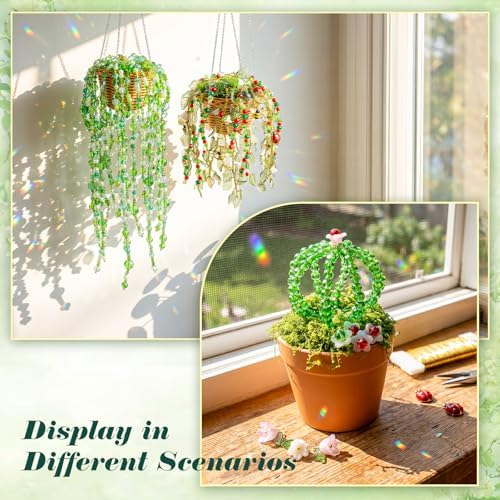 Ecoofor Green Beads Beaded Plant Kit, Makes 3 Plant Pots, Glass & Crystal Leaf Pieces, Video Tutorials Included, Handmade Gift for Plant Lovers, Beaded Plant Kit - Image 6