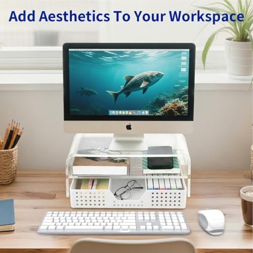 OPNICE Desk Organizer and Accessories, 2-Tier Computer Monitor Stand Riser with Drawer and 2 Pen Holders, Laptop Stand, Office Desk Accessories for Office Supplies, Transparent - Image 6