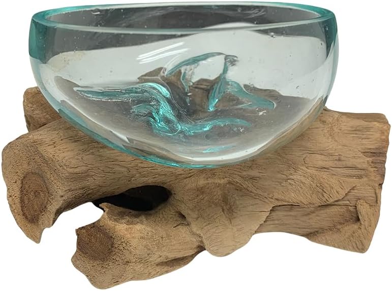 The Bridge Collection Decorative Glass Bowl On Wooden Base – Glass Trinket Dish for Keys Jewelry Or Small Essentials – Coastal Catchall Dish for Tabletop Display by TheBridgeCollection