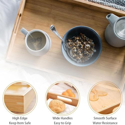 Krismax Serving Tray with Handles, Bamboo Breakfast Tray Wooden Trays Decorative Serving Platter for Eating, Working, Storing, Used in Bedroom, Kitchen, Living Room, Bathroom, Hospital and Outdoors - Image 3