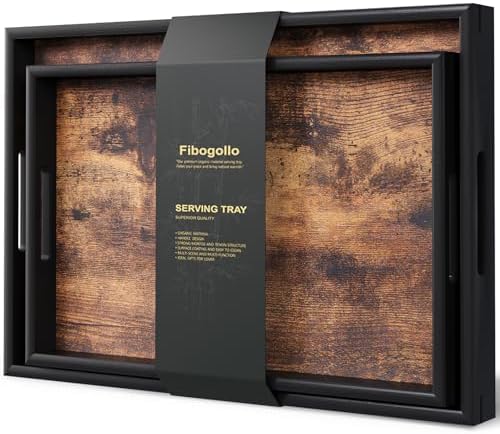 Fibogollo Set of 2 Wooden Serving Trays with Handles for Coffee Table by Fibogollo